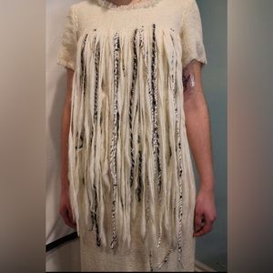 Chanel Ivory Tweed Fringe Short Sleeve Shift Dress Size FR 40/US 8